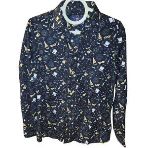 Simon Banks Wine Print Long Sleeve Button Up Shirt Black Mens Size Small